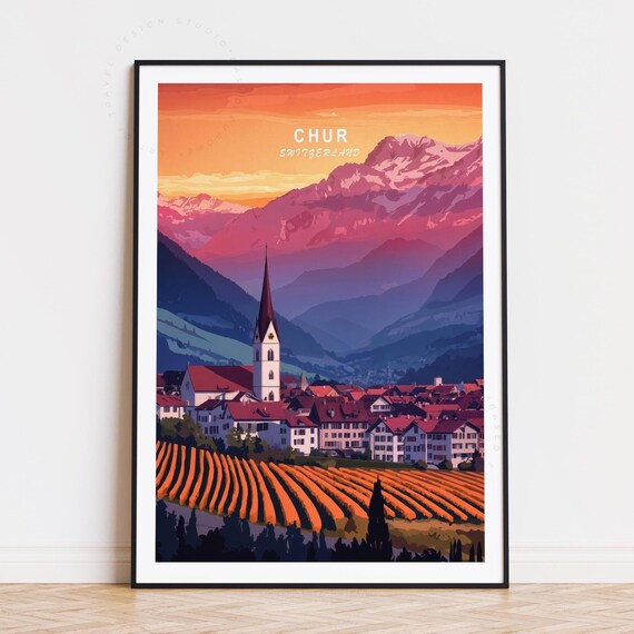 Chur Switzerland Travel Poster Alpine Glow Church And Orange Fields