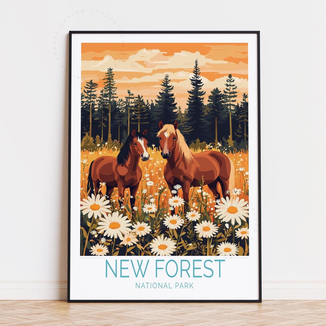 New Forest National Park Horses Facing Golden Meadow Retro Poster