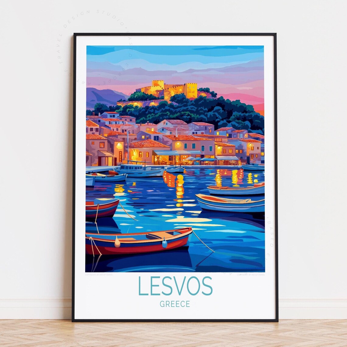 Lesvos Greece Colorful Harbor Boats At Dusk Castle Hill Poster
