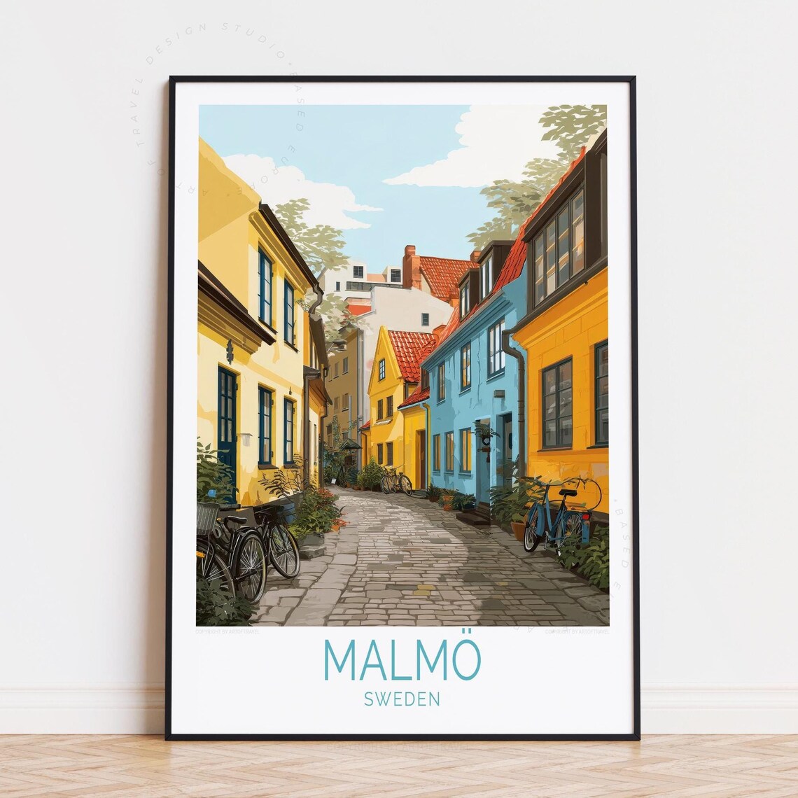 Malmo Sweden Cobblestone Lane Colorful Townhouses Travel Poster