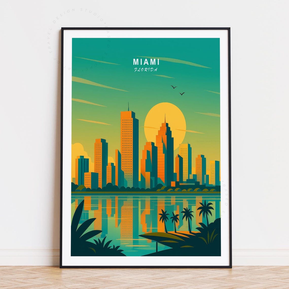 Miami Florida Sunset Skyline Reflection Palm Trees Travel Poster
