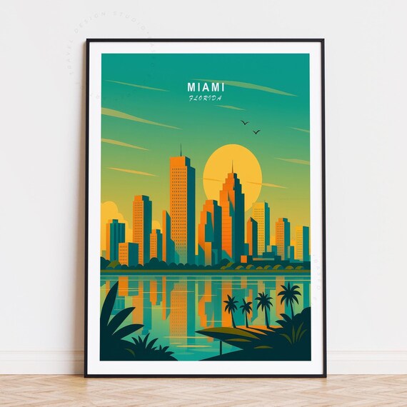 Miami Florida Sunset Skyline Reflection Palm Trees Travel Poster