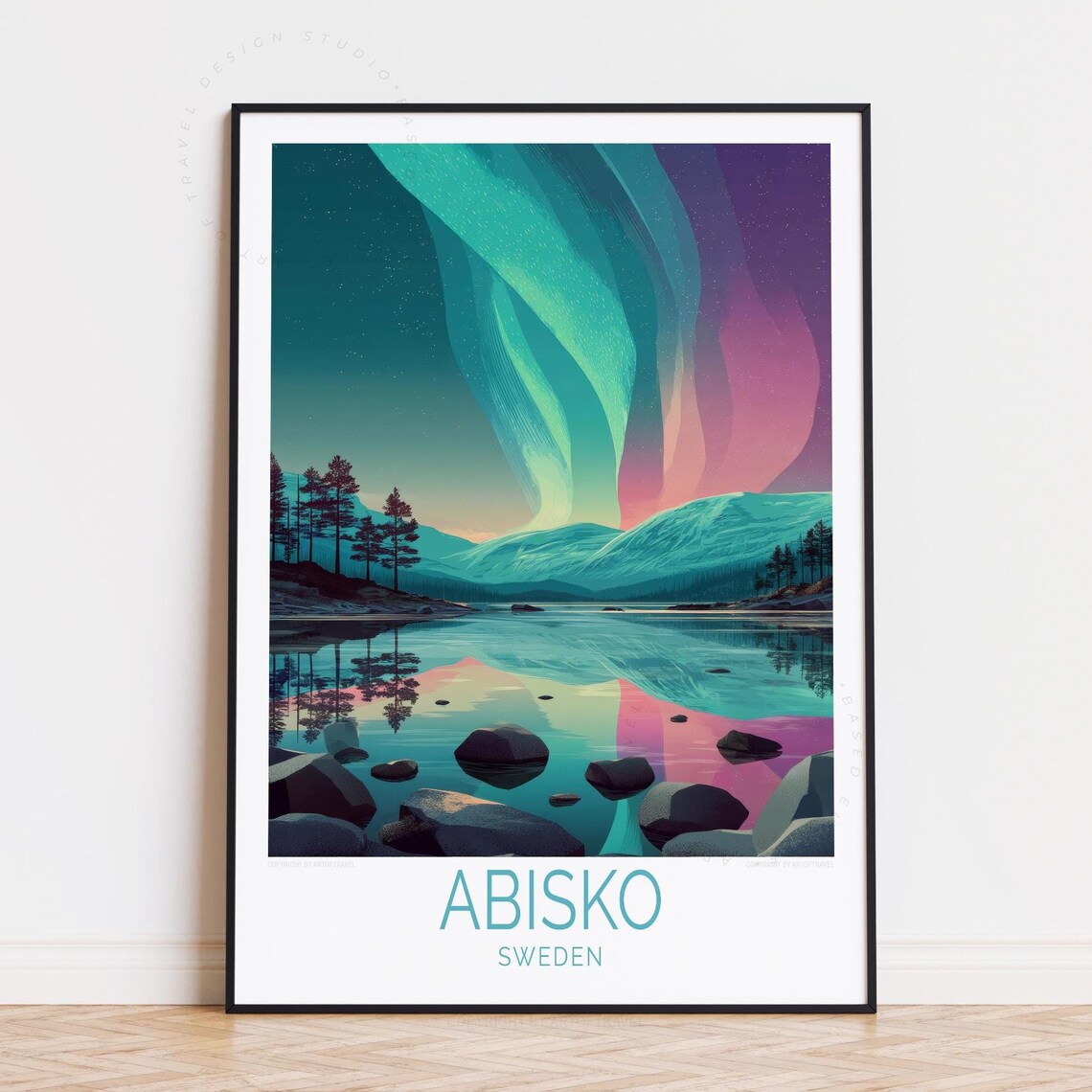Abisko Sweden Northern Lights Aurora Lake Mountains Travel Poster