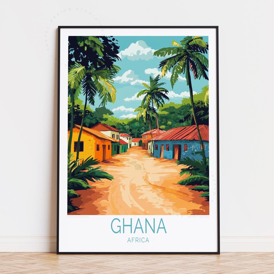 Ghana Africa Palm Lined Village Road Colorful Homes Travel Poster