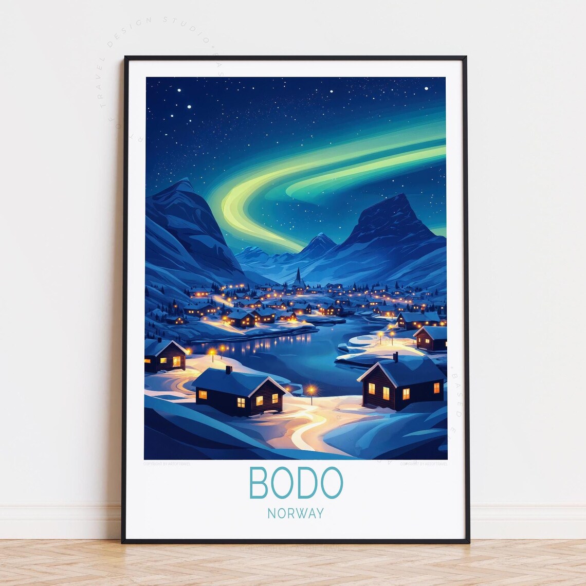Bodo Norway Aurora Over Snowy Village Valley Night Travel Poster