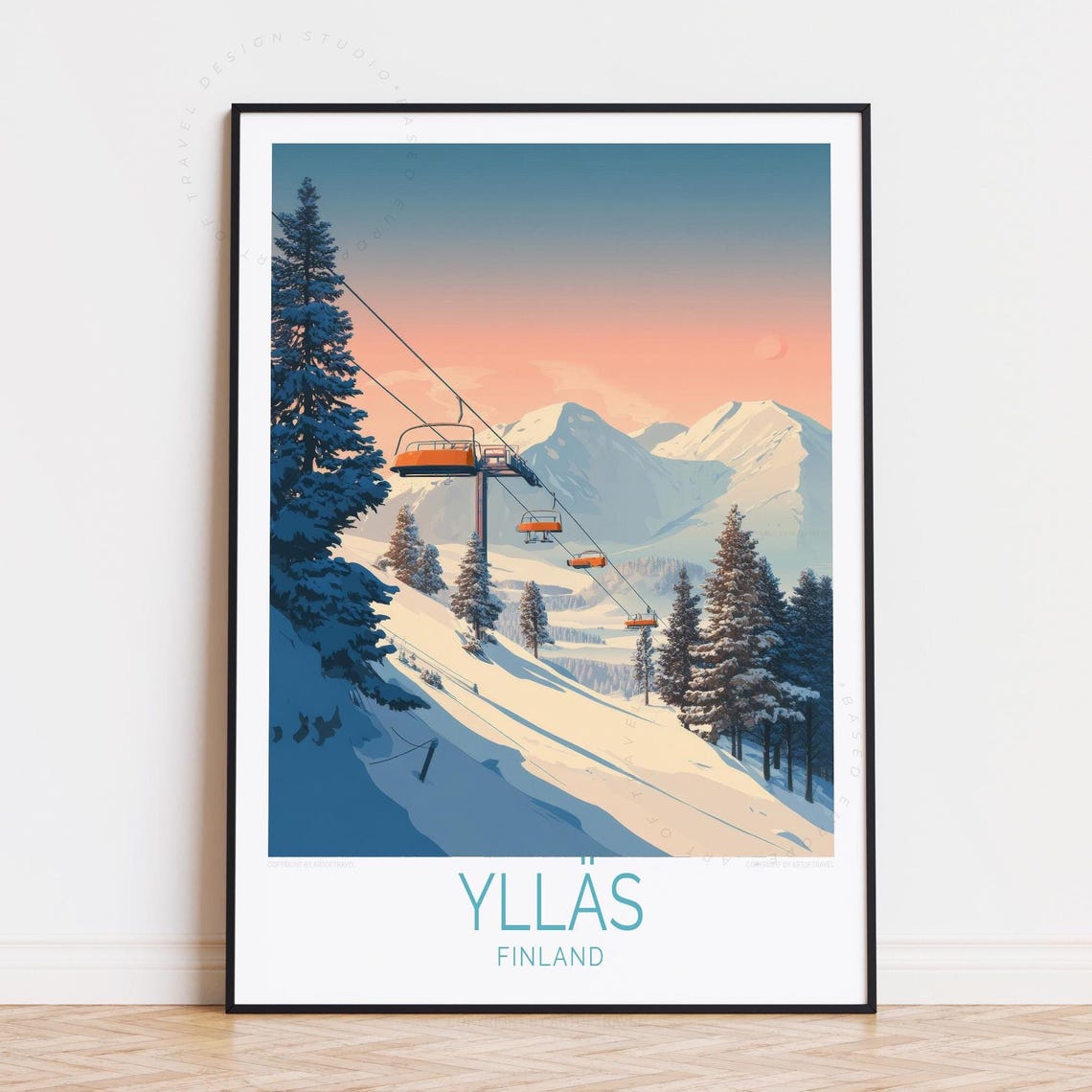 Yllas Finland Chairlift Over the Snowy Slopes at Sunset Poster