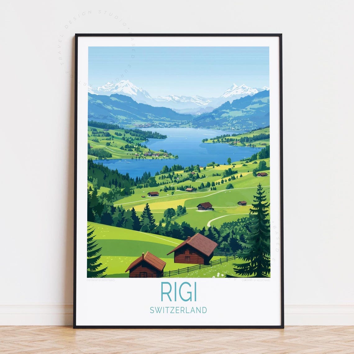 Rigi Switzerland Green Meadows Chalets Blue Lake Peaks Poster