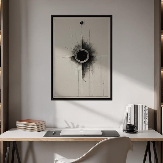 Cosmic Contrast Abstract Wall Art Minimalist Singularity Black Void Red Dot Poster Modern Home Decor Thoughtprovoking Print