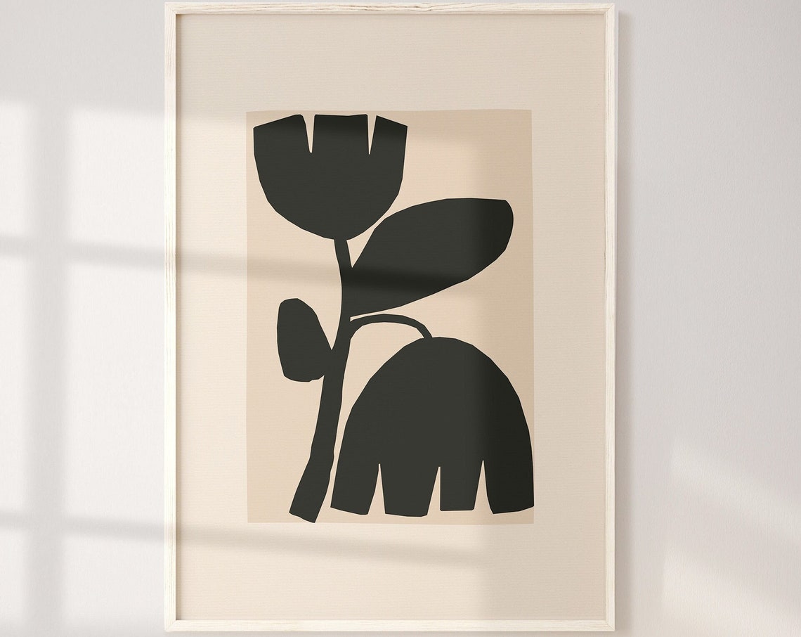 Black Tulip Silhouette Warm Beige Minimalist Botanical Art Poster