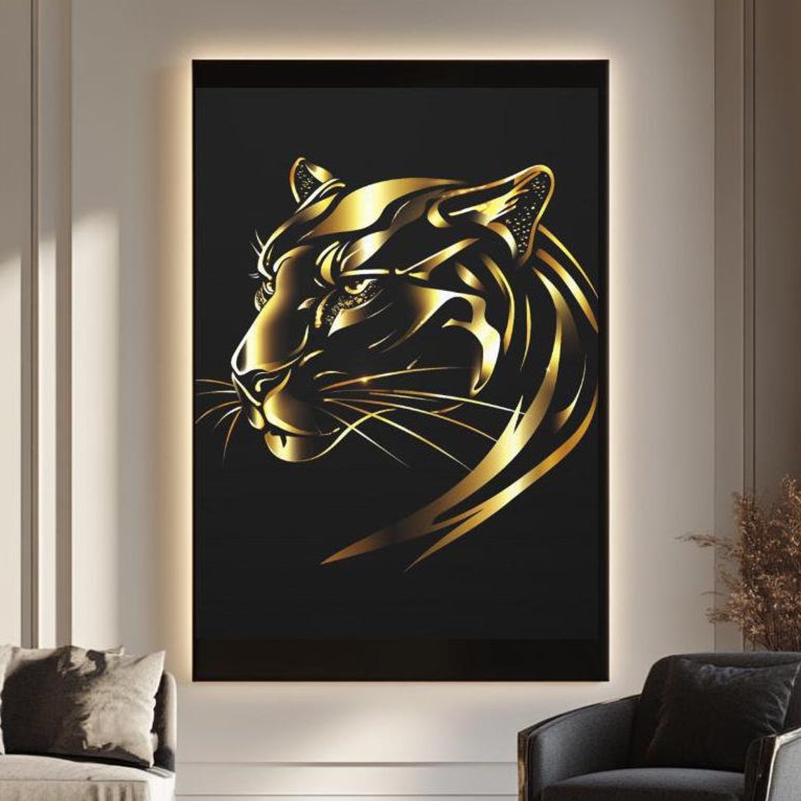 Luxury Gold Panther Head Black Background Elegant Big Cat Animal Poster
