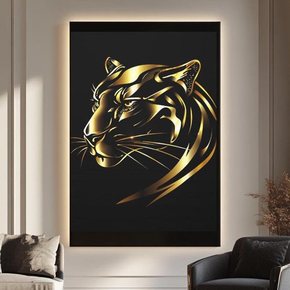 Luxury Gold Panther Wall Art Modern Black Animal Print Elegant Big Cat Decor Statement Jungle Canvas Sleek Tiger Poster