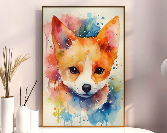 Baby Fox Colorful Watercolor Portrait Cute Puppy Splash Art Poster