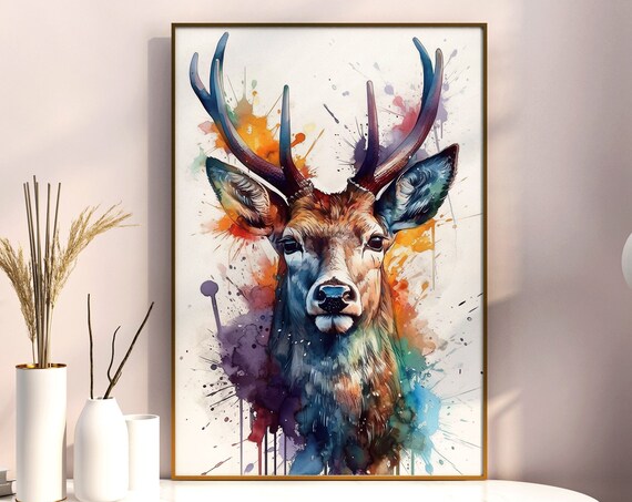 Stag Deer Watercolor Portrait Antlered Buck Splash Art Poster