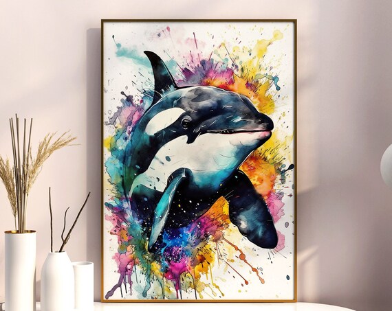 Orca Painting Watercolor Killer Whale Wall Art Poster Colorful Animal Drawing Home Decor Illustration Wild Nature Portrait Print
