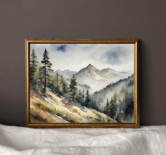 Appalachian Mountains Painting Pine Tree Forest Watercolor Art Print Misty Mountain Wall Large Panoramic Landscape