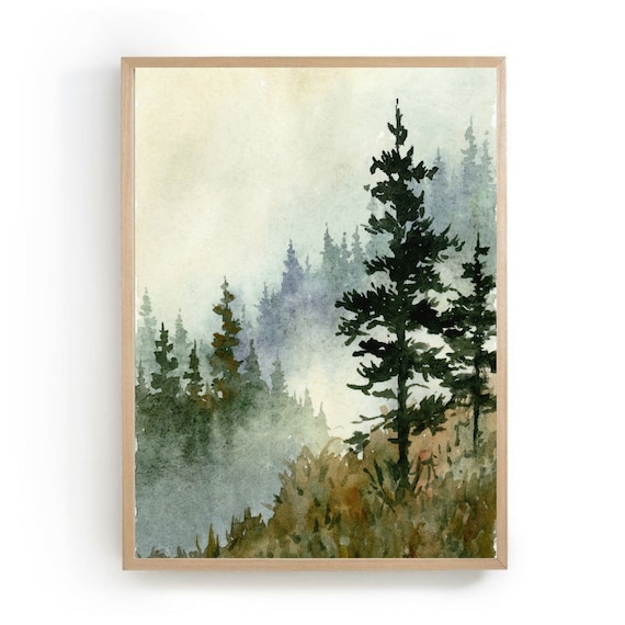 Pine Forest Mountain Watercolor Art Print