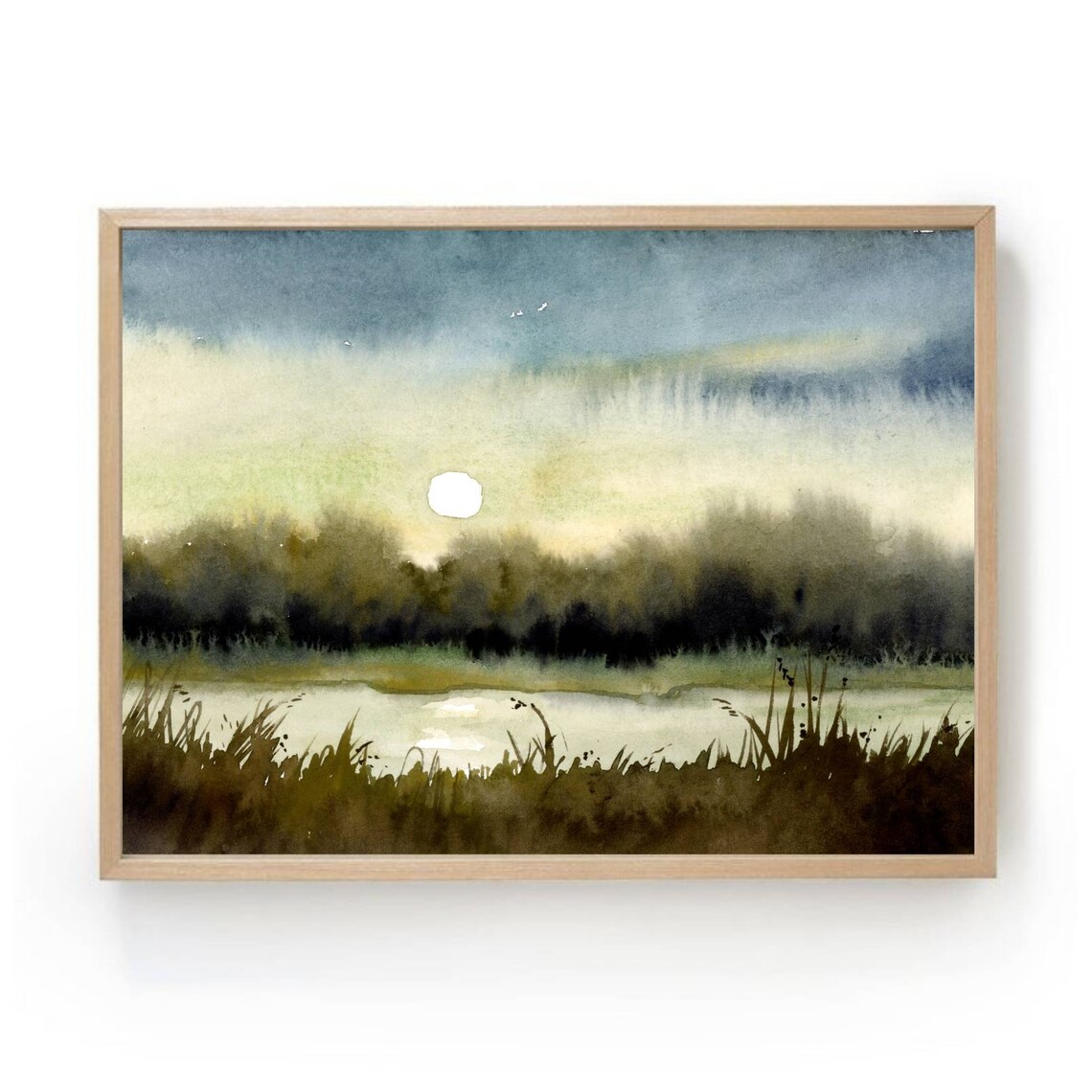 Watercolor Moon Shine Forest Art Print, Farmhouse