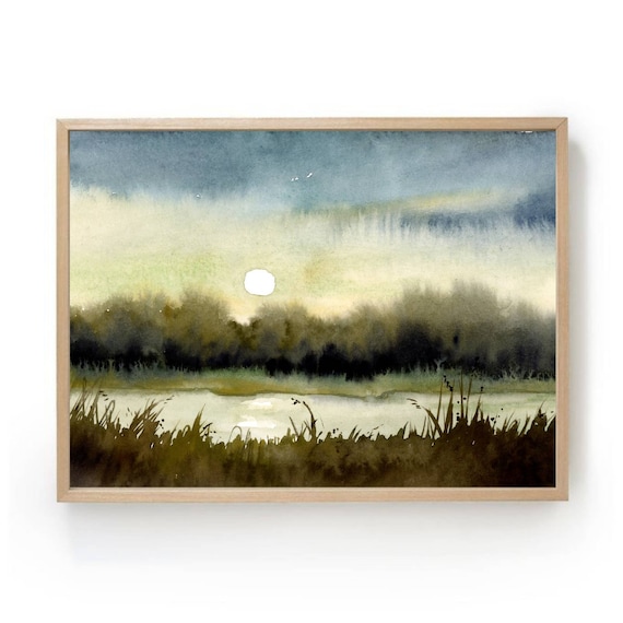 Watercolor Moon Shine Forest Art Print, Farmhouse