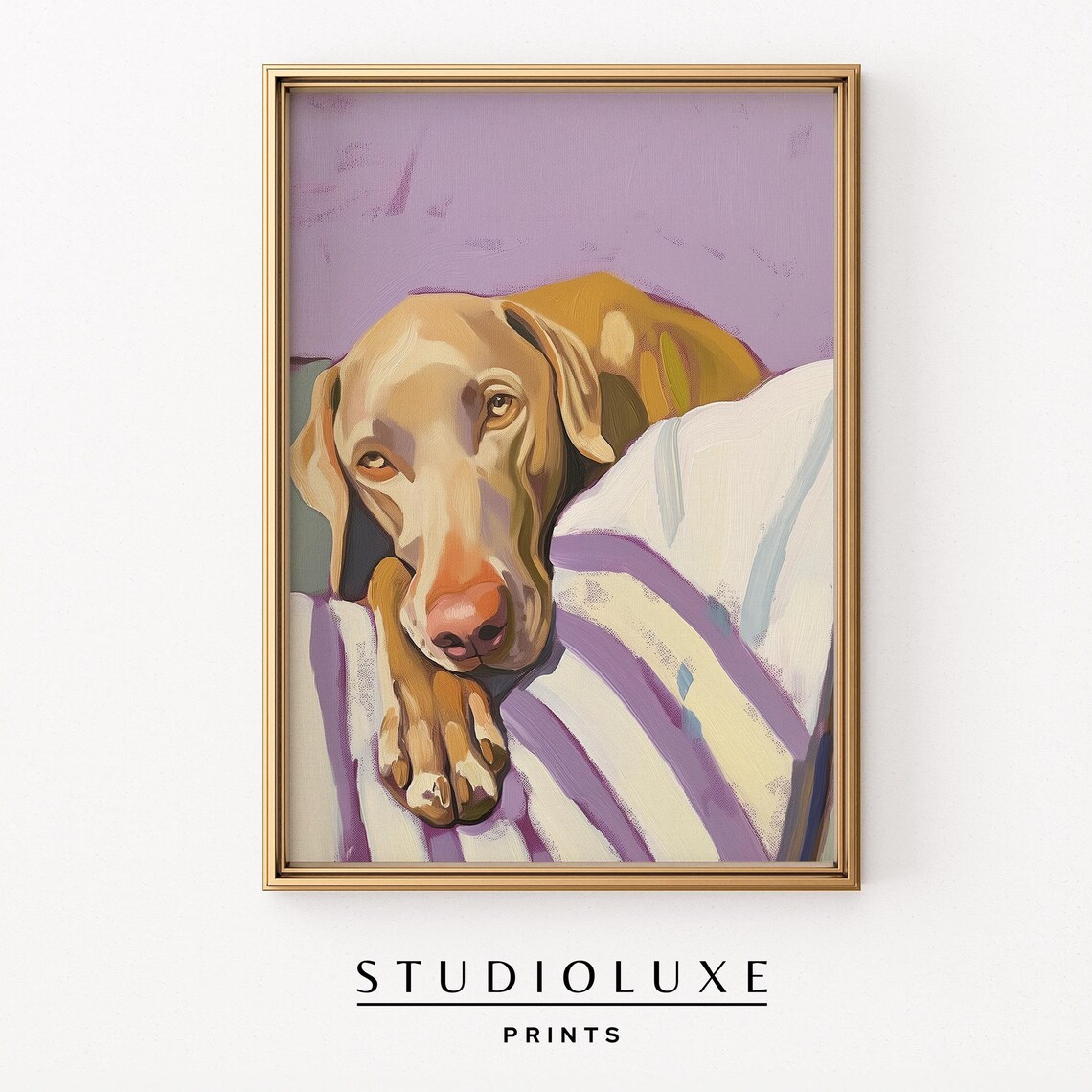 Weimaraner Resting On Striped Cushion Purple Pet Portrait Poster