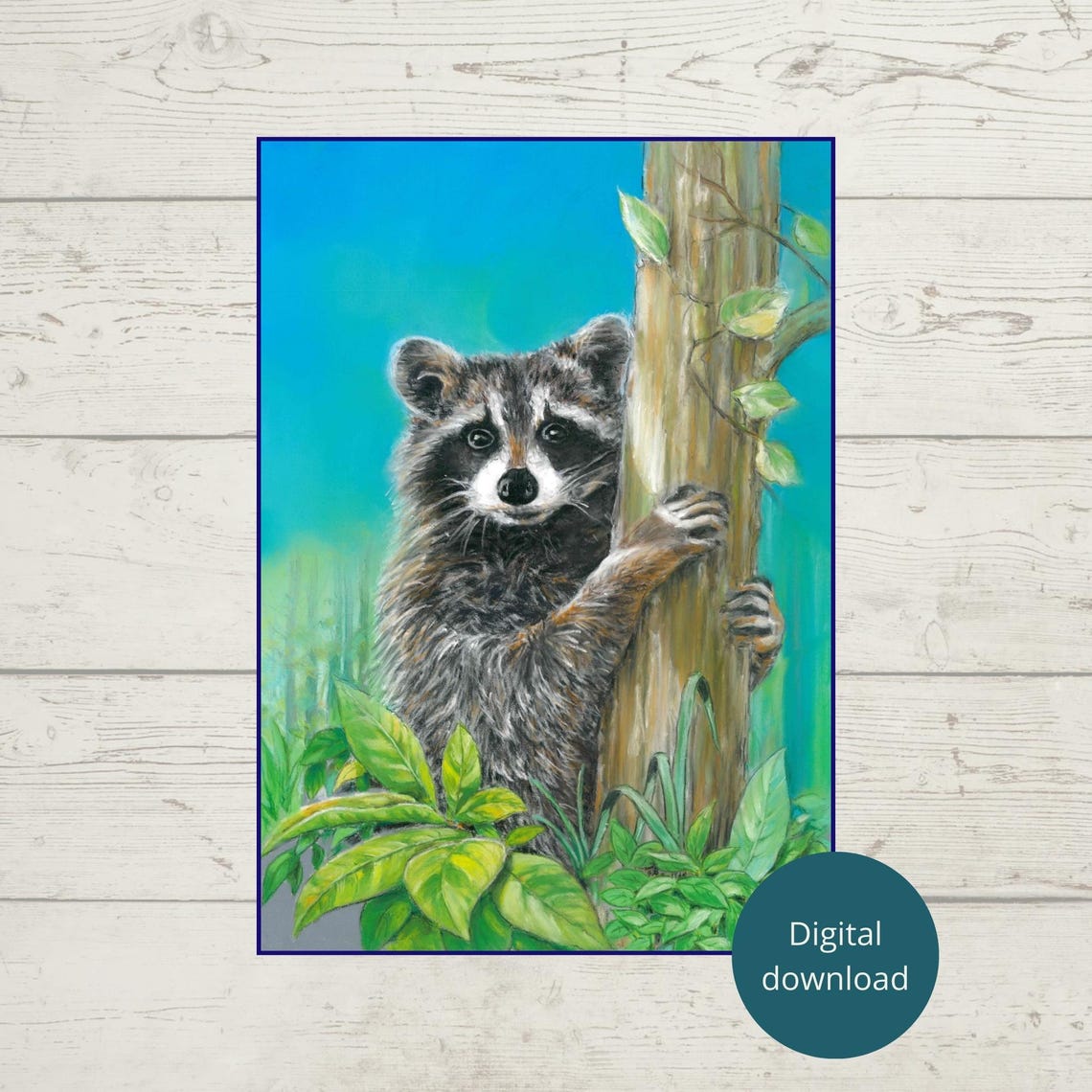 Curious Raccoon Climbing a Tree Trunk in the Forest Poster Art