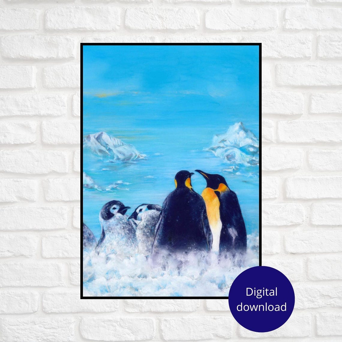 Emperor Penguin Family Gazing at Icebergs on the Ice Poster Art