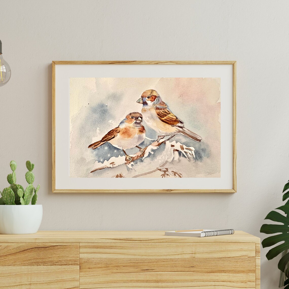Two Sparrows Resting on Snowy Branch Winter Watercolor Painting Poster - Image 3
