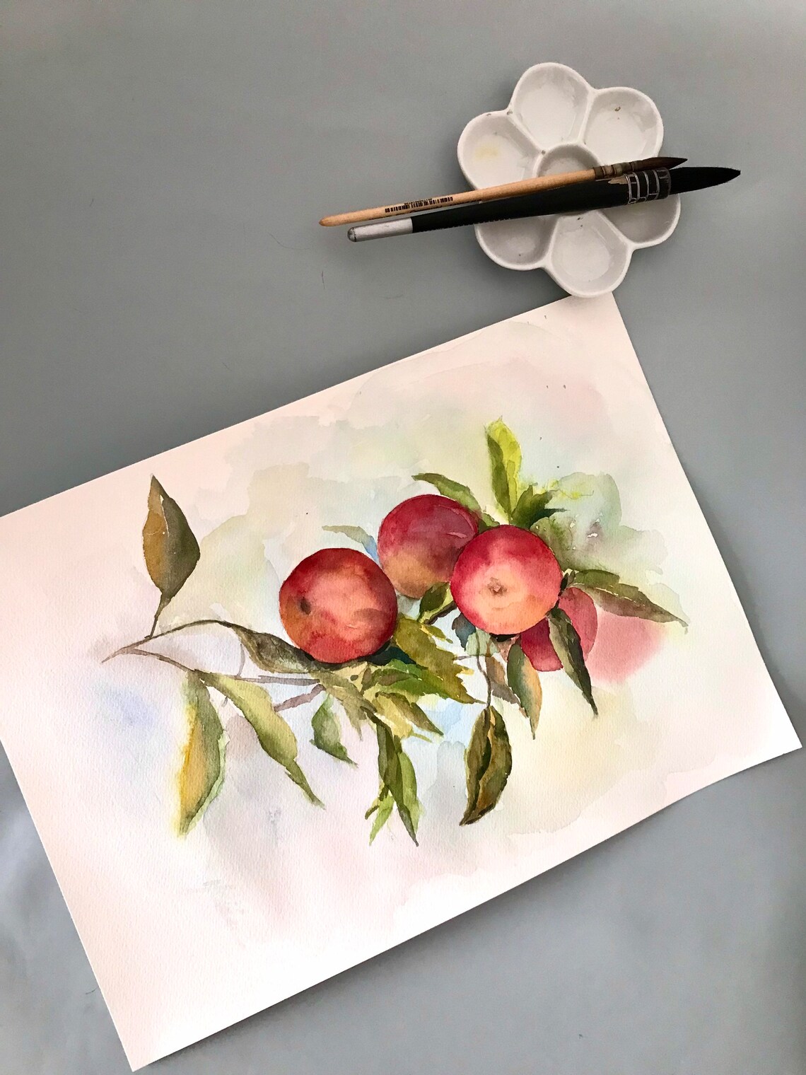 Ripe Red Apples on a Leafy Branch Watercolor Still Life Poster - Image 3