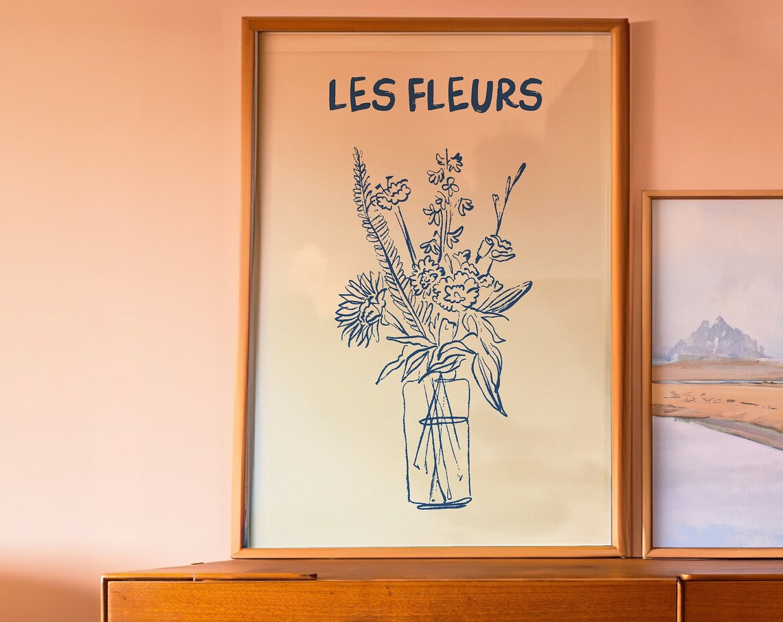 Les Fleurs Blue Line Art Wildflower Bouquet in Glass Vase Poster - Image 2