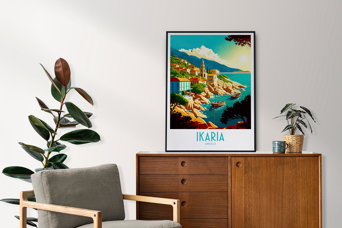 Vintage Ikaria Greece Travel Poster Coastal Village Boats Art - Image 4