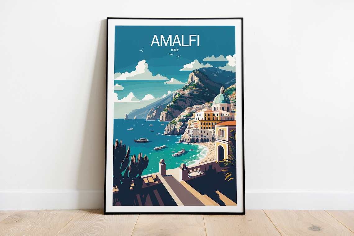 Amalfi Italy Retro Travel Poster with Coastline Town and Boats - Image 6