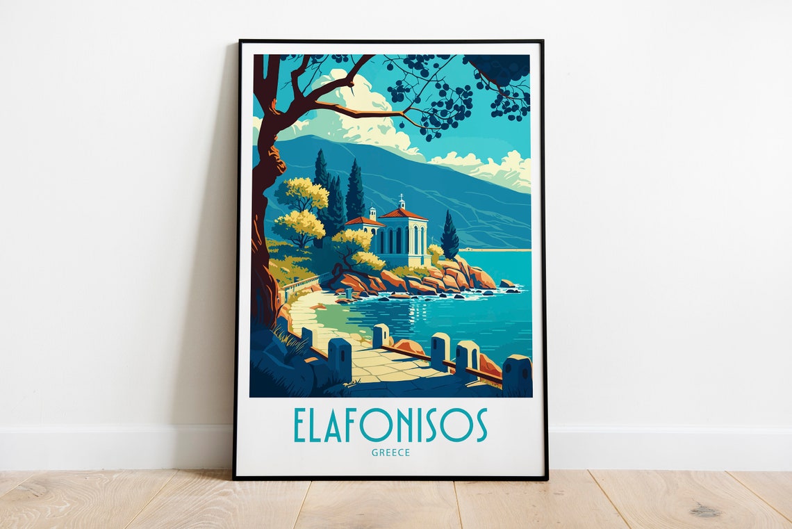 Vintage Elafonisos Greece Travel Poster Seaside Chapel Bay Art