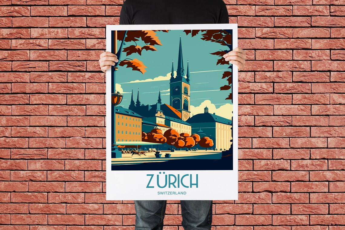 Zurich Switzerland Cathedral Spire Vintage City Travel Poster - Image 3