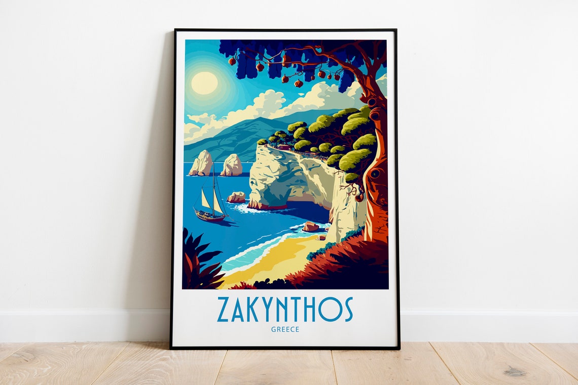 Zakynthos Greece Coastal Cliffs Sailboat Vintage Travel Poster
