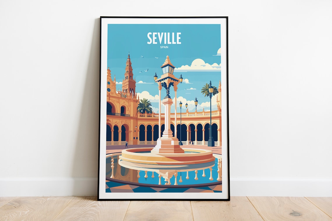 Seville Spain Grand Plaza Fountain Arcade Vintage Travel Poster