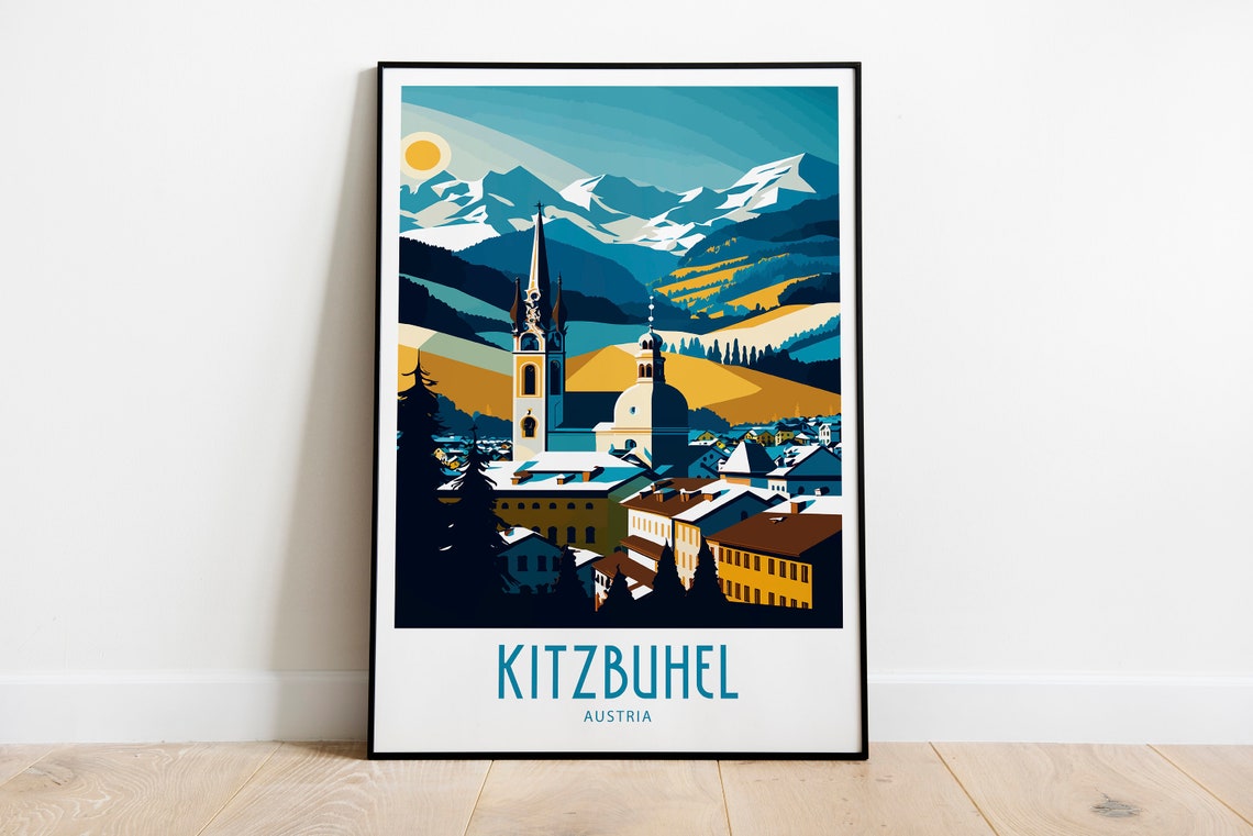 Kitzbuhel Austria Alpine Town Church Snowy Peaks Travel Poster