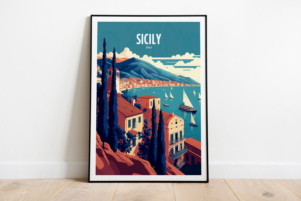 Sicily Italy Seaside Harbor Town Cypress Vintage Travel Poster
