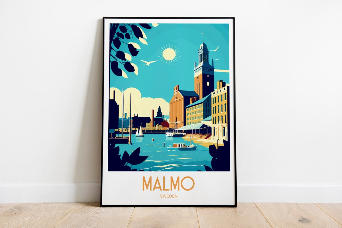 Malmo Sweden Harbor Clock Tower Vintage Seaside Travel Poster