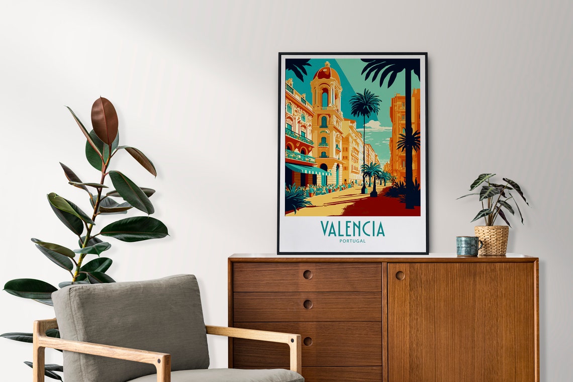 Valencia Portugal Palm Boulevard Tower Vintage Travel Poster - Image 3