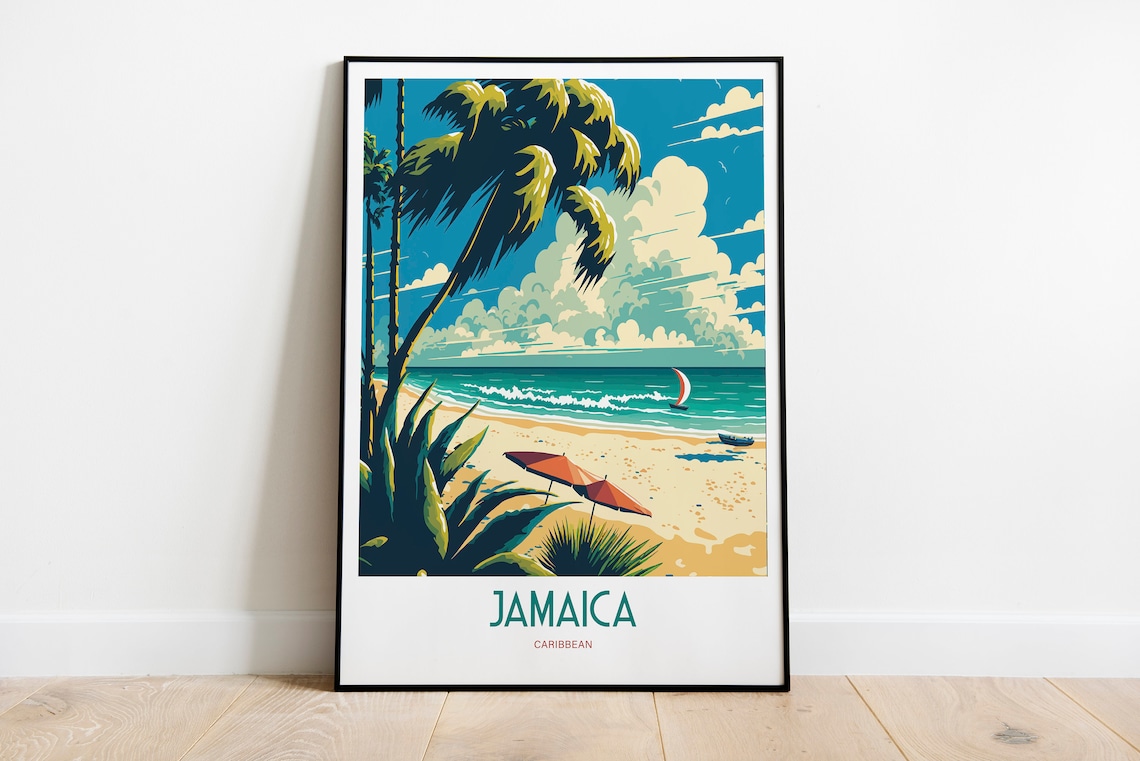 Vintage Jamaica Caribbean Travel Poster Palm Beach Umbrellas Art