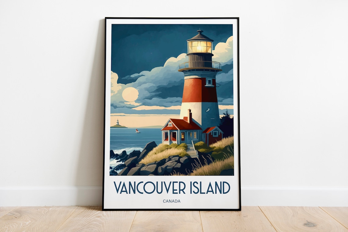 Vancouver Island Canada Lighthouse Dusk Vintage Travel Poster