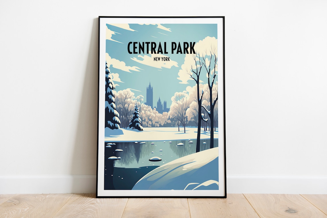 Central Park New York Winter Snow Frozen Pond Skyline Travel Poster