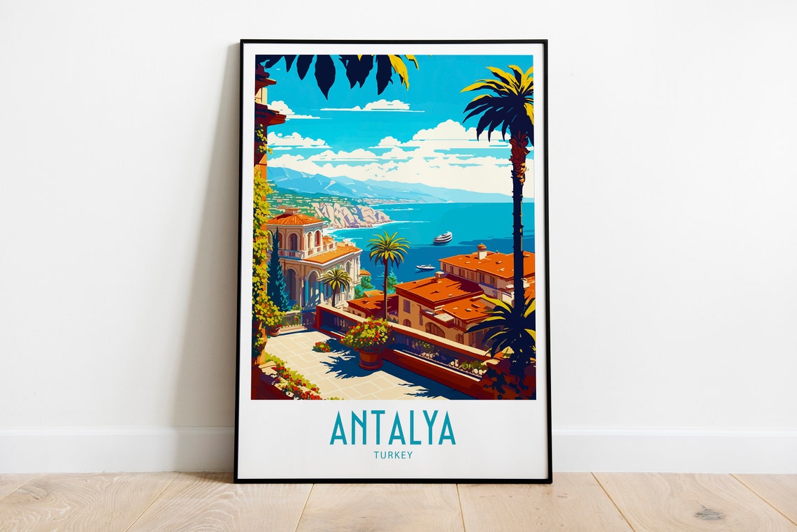Antalya Turkey Seaside Terrace Bay Palms Vintage Travel Poster