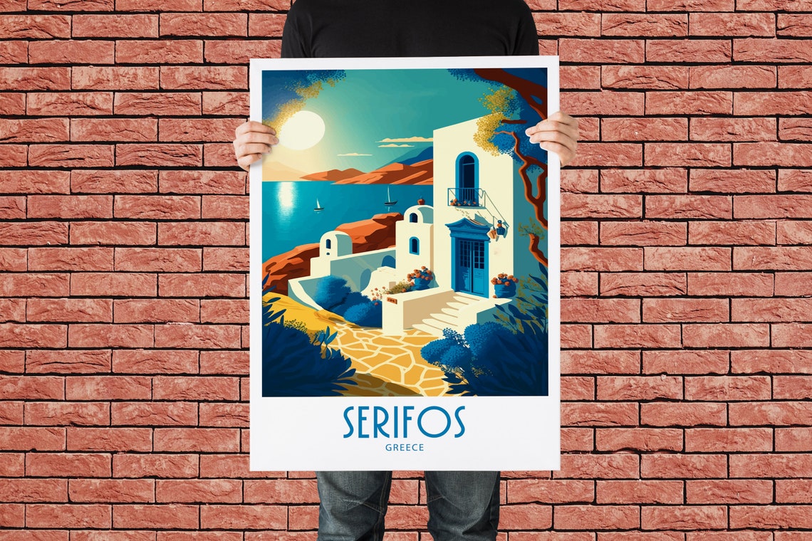 Vintage Serifos Greece Travel Poster Whitewashed Villa Sea View Art - Image 2
