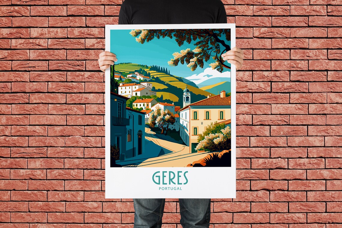 Geres Portugal Blossom Village Rolling Hills Vintage Travel Poster - Image 2