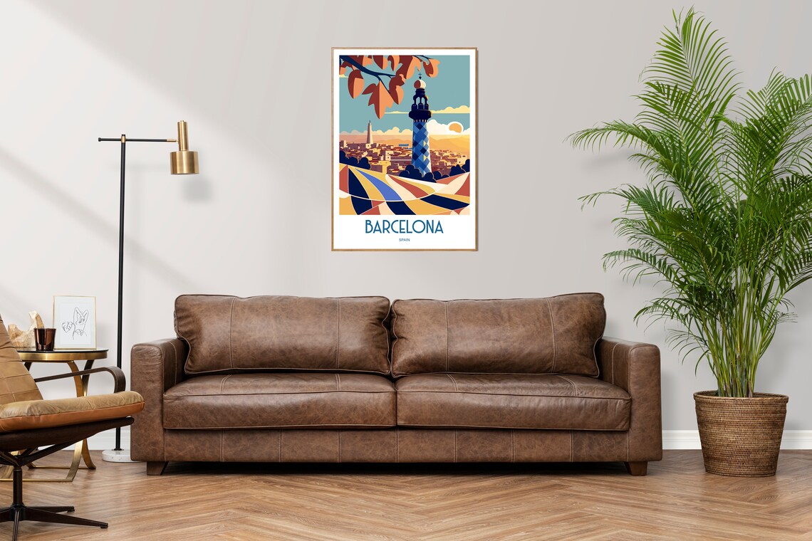 Barcelona Spain Mosaic Tower Cityscape Vintage Travel Poster - Image 2