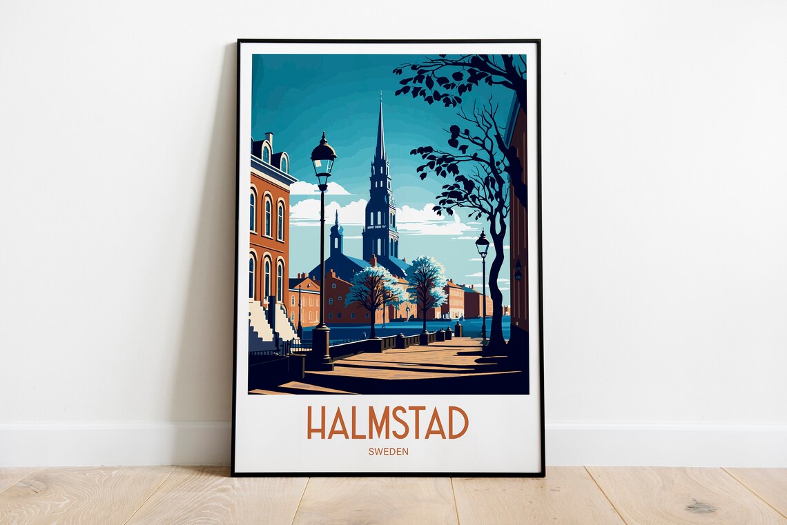 Halmstad Sweden Vintage Travel Poster with Old Church Street View