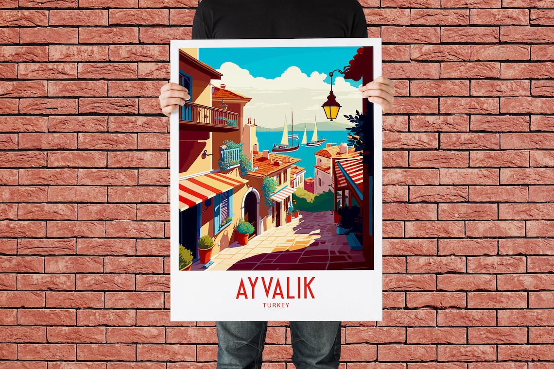 Ayvalik Turkey Cobblestone Street Cafes Sea View Vintage Travel Poster - Image 2
