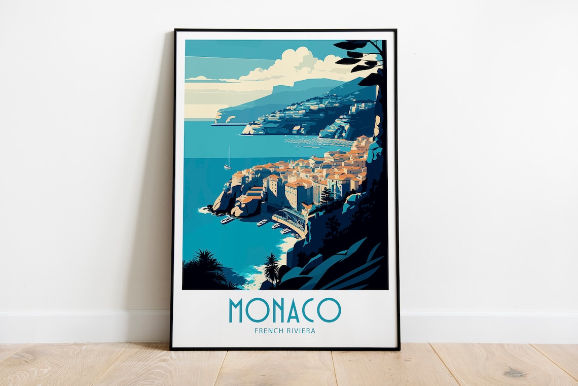 Monaco French Riviera Cliff Harbor Town View Vintage Travel Poster