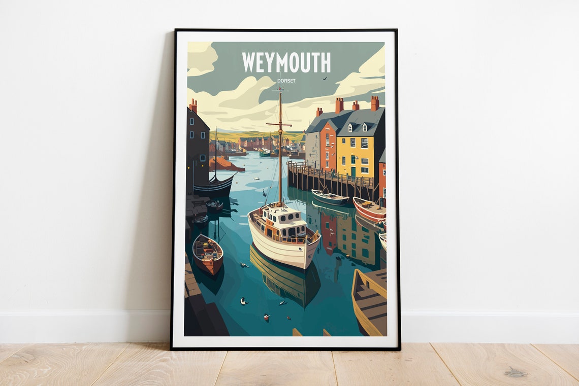Weymouth Dorset Travel Poster with Harbor Boats and Seagulls