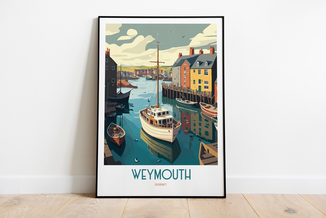 Weymouth Dorset Harbour Travel Poster Boats Waterfront Vintage Art